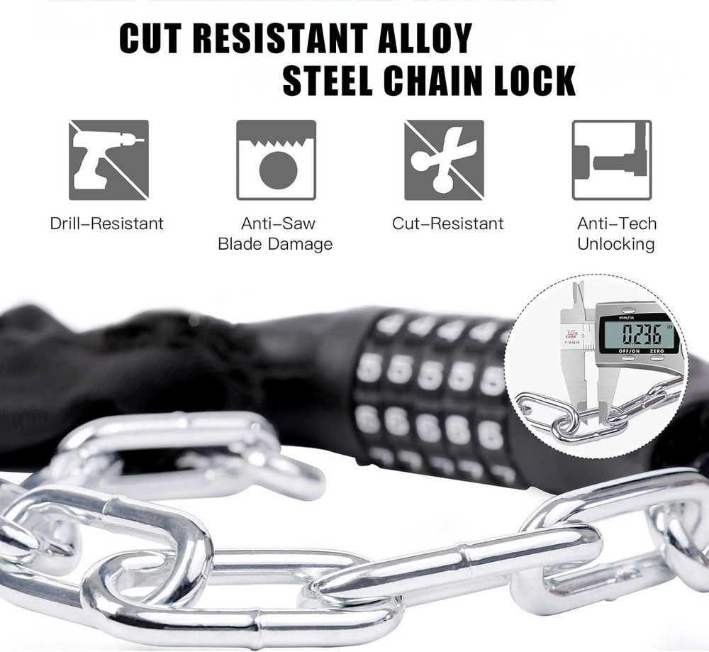 Bicycle Chain Lock – 5 Position resettable Combination Heavy-Duty Black
