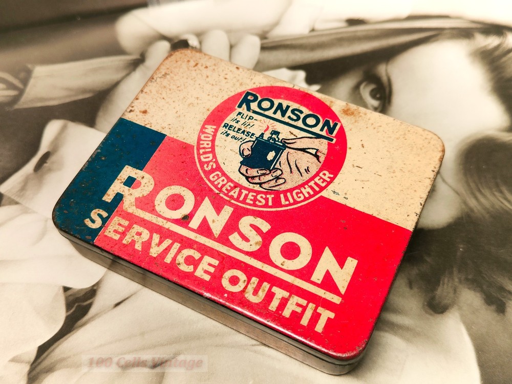 Ronson service outfit-Ronson Lighters EMPTY Red Blue vintage tin-C