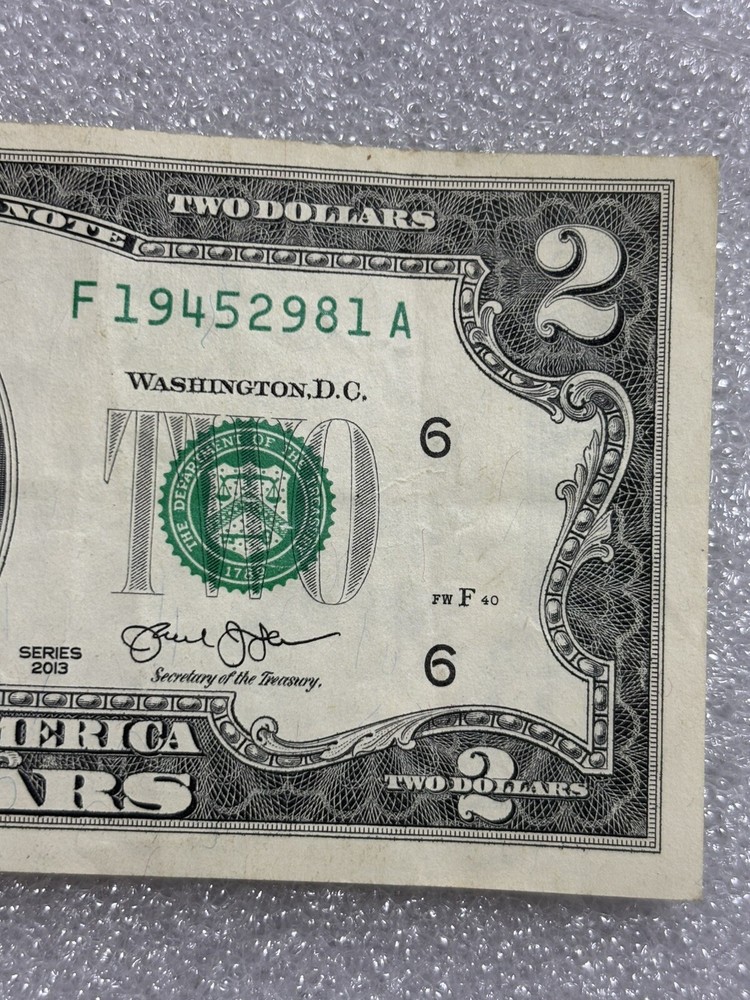 2013 $2 Error Note Off Centered, Miscut W/Ink Bleeds Excellent Condition