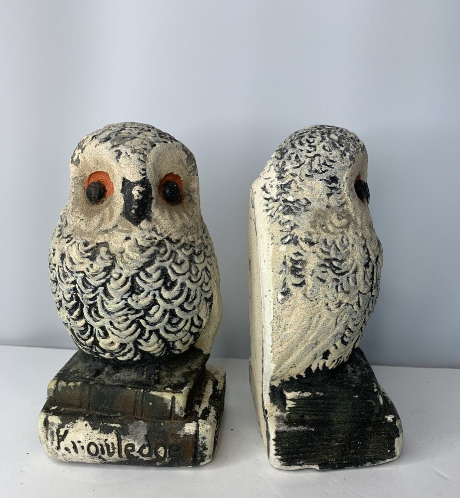 Chalkware Wise White Owl Bookends Knowledge MCM 6x4" Vintage