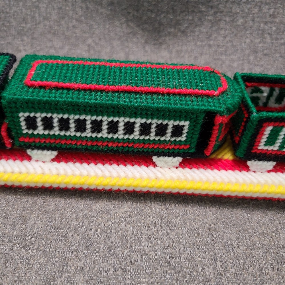 Vintage Plastic Canvas Needlepoint Train Finished Christmas Train Mounted