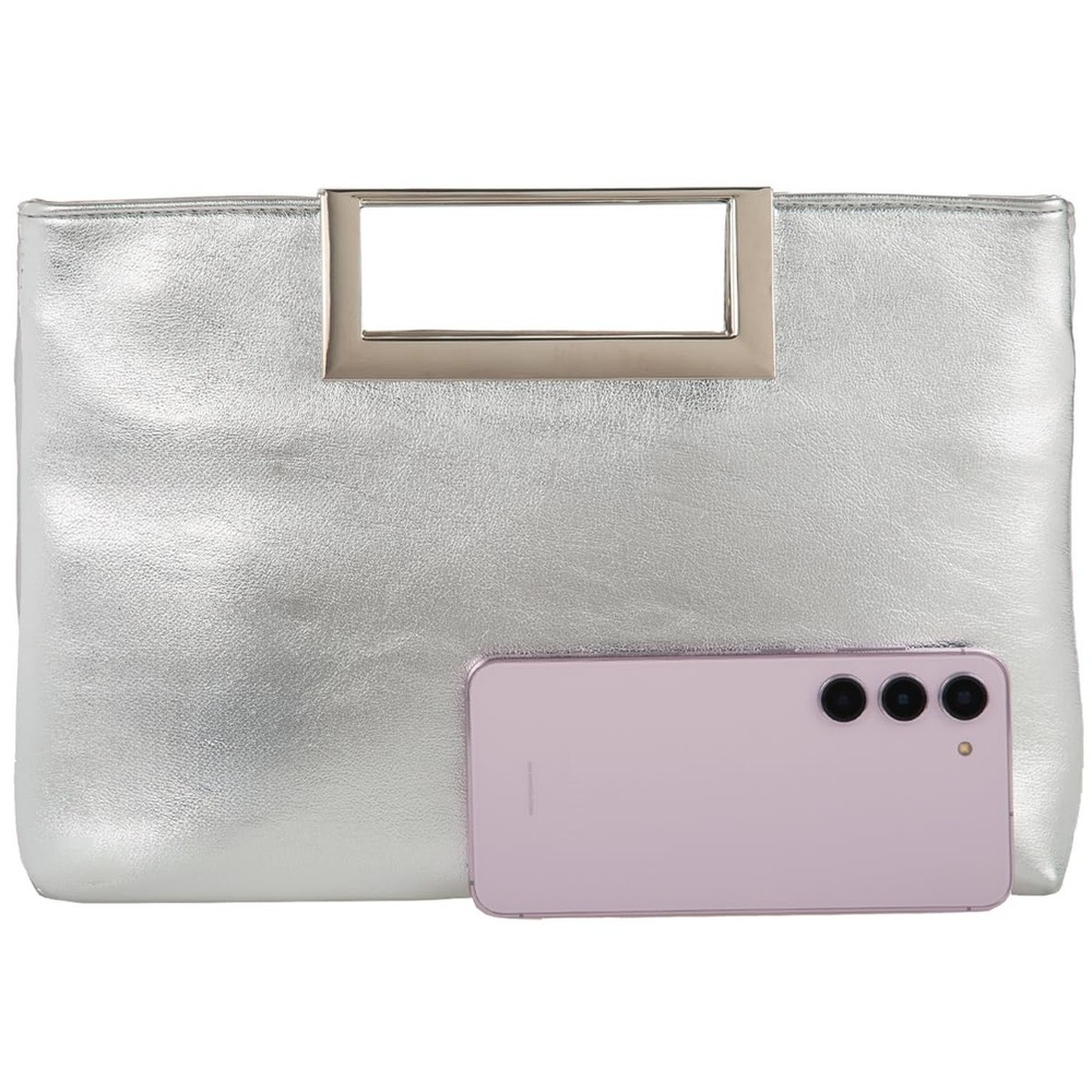 Crushed Metallic Top Handle Clutch Silver50