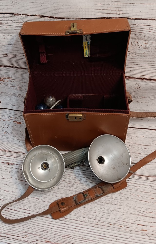 Vintage Brown Leather Polaroid Camera Case with assorted Flash Devices