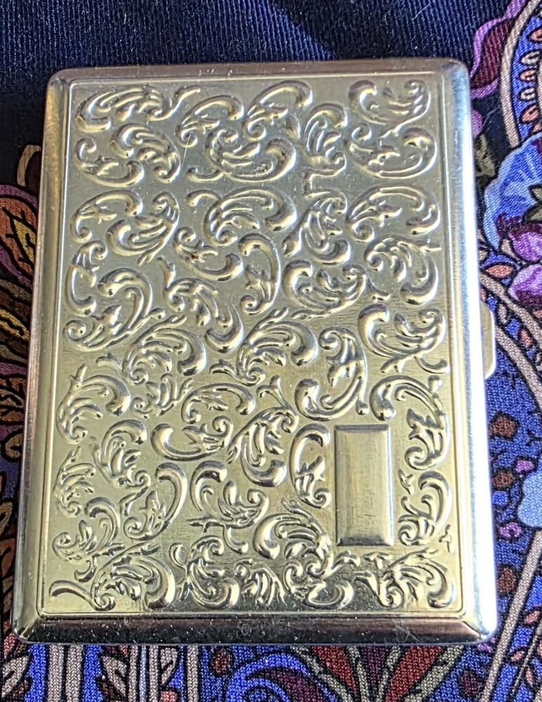 Silver Tone Metal Engraved  Cigarette Case with Ornate Design