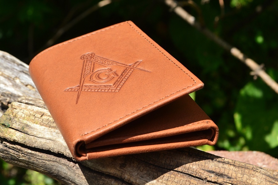 Masonic Tan Leather Tri-Fold Wallet - RFID Protected - Square and Compasses
