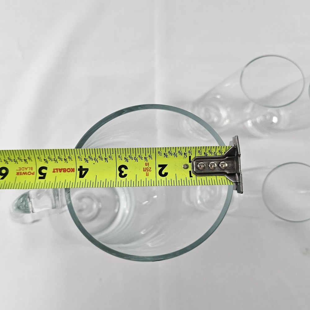 Clear Glass Tilted 9" Pitcher And 3 5.25" Glasses Please Read Description