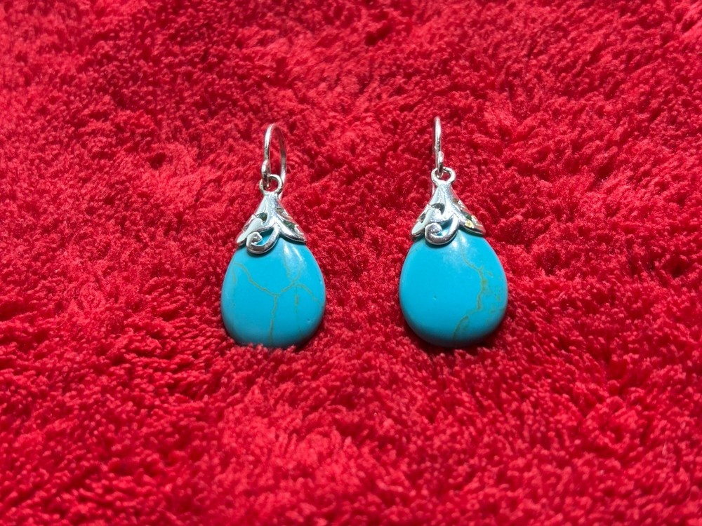 Turquoise & .925 Sterling Silver Dangle Drop Earrings Nice Set