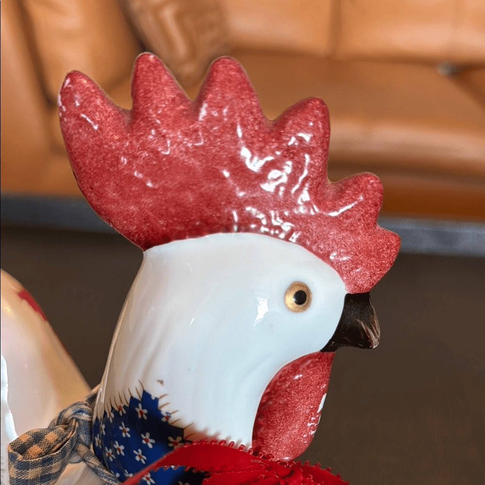 Patchwork Rooster Figurine - Red, Blue, and White Ceramic