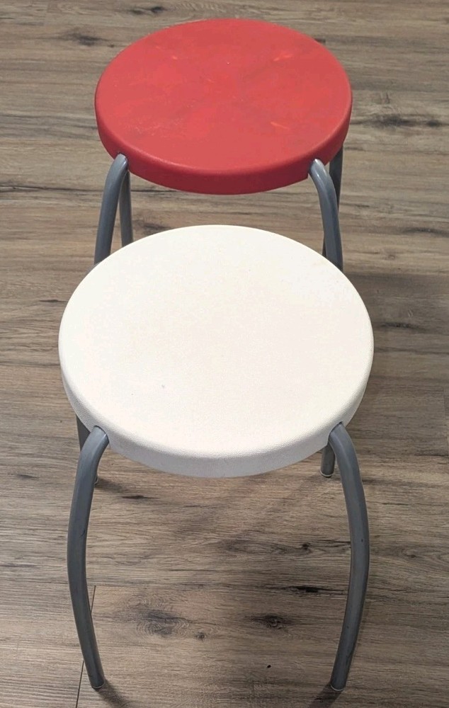 Vintage Pair Ikea Plastic Stools Forby Retro Red / White Stackable Chairs 18557