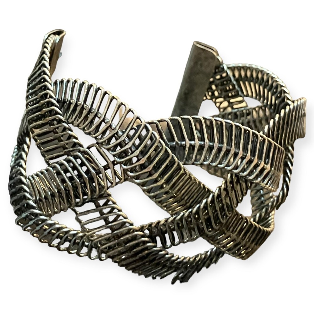 Silver Tone Braided Woven Intertwining Minimalist Adjustable 7" Cuff Bracelet