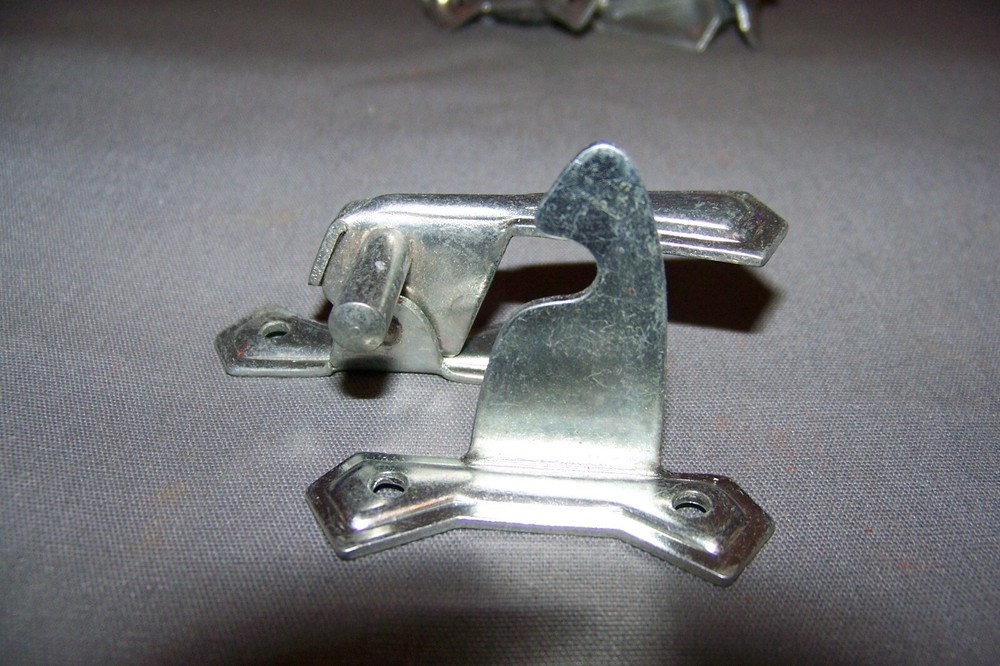Four, Small, Tin, Cabinet Latches, With Their Offset Keepers - SEE DESCRIPTION