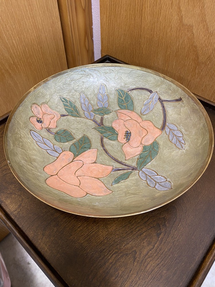 Brass Enamel Bowl Cloisonné Type ~ Floral Design 9 1/2”