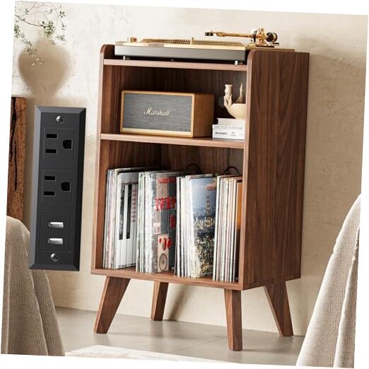 Record Player Stand, Turntable Stand with Record Storage and Charging Walnut
