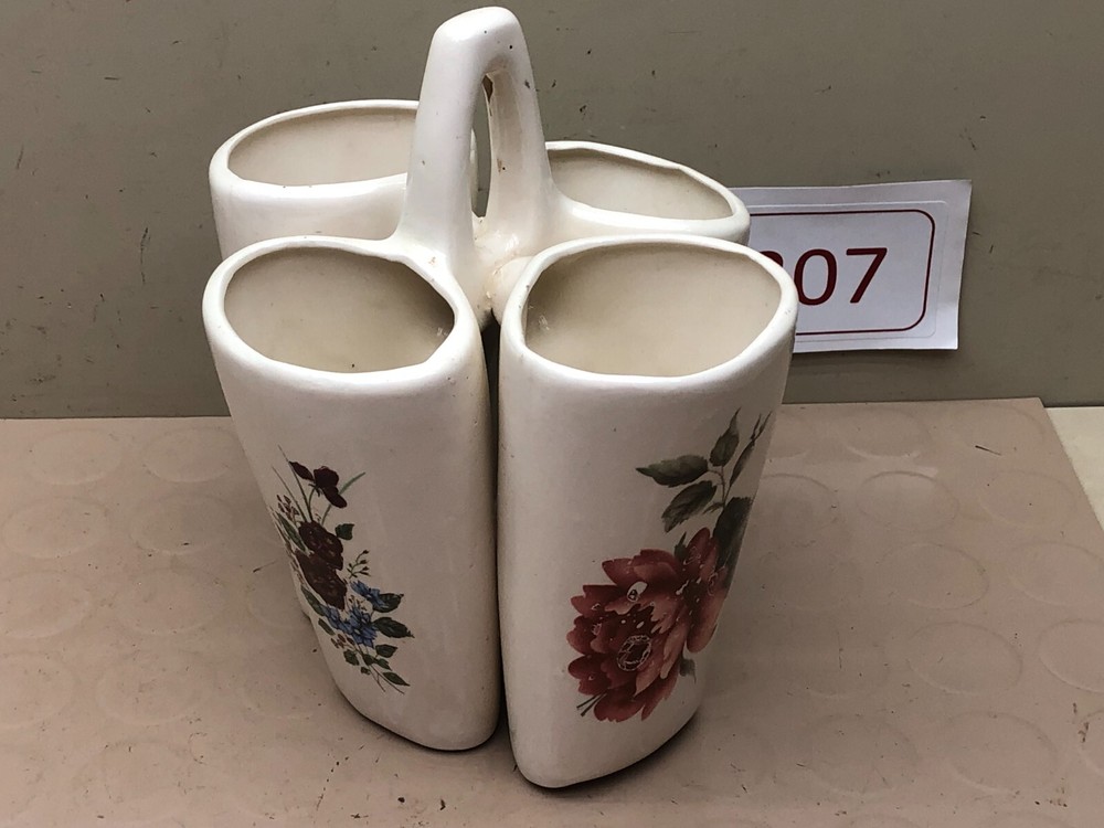 Vintage Ceramic Basket Planter/Vase 4 Sections w/ Flowers