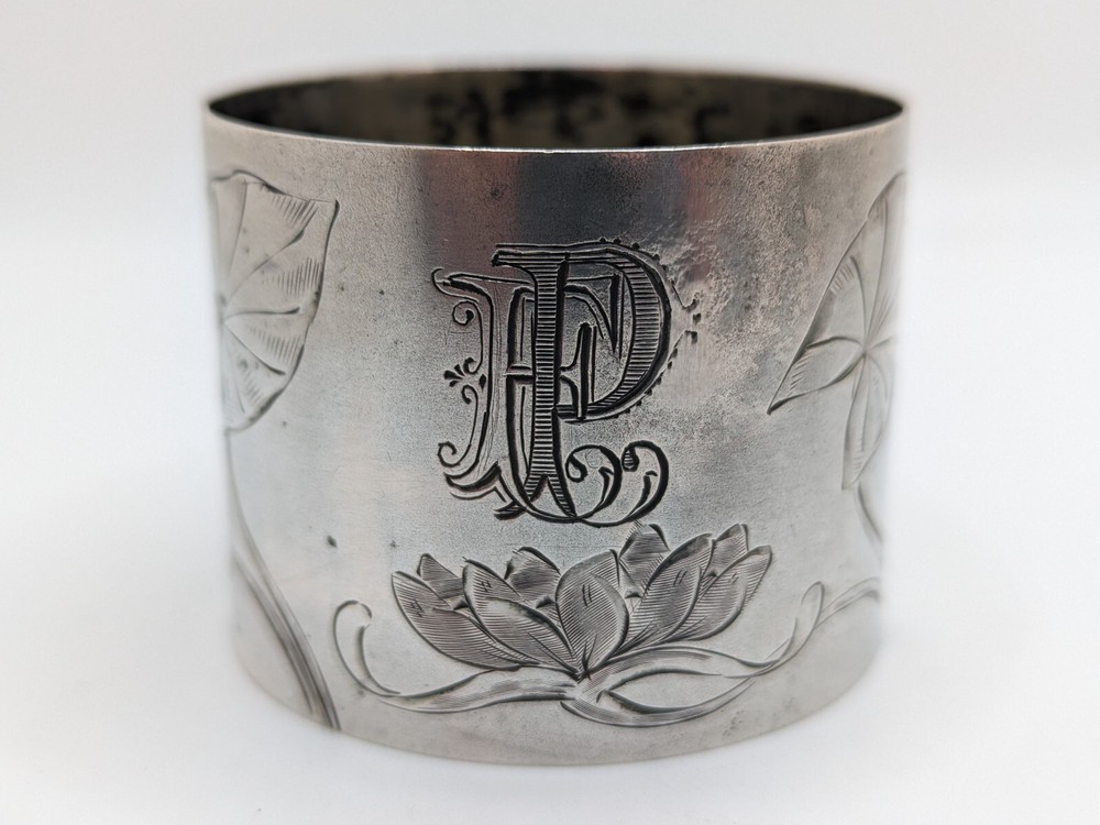 Antique German 800 Silver Napkin Ring "FP" initials, beautiful lily etching