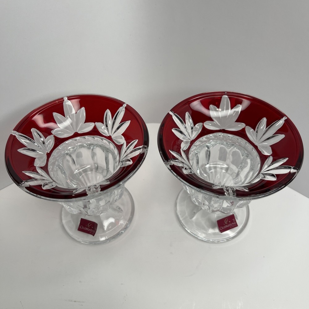 Mikasa Celebrations Corinth Ruby Cut To Glass Candleholder Pair