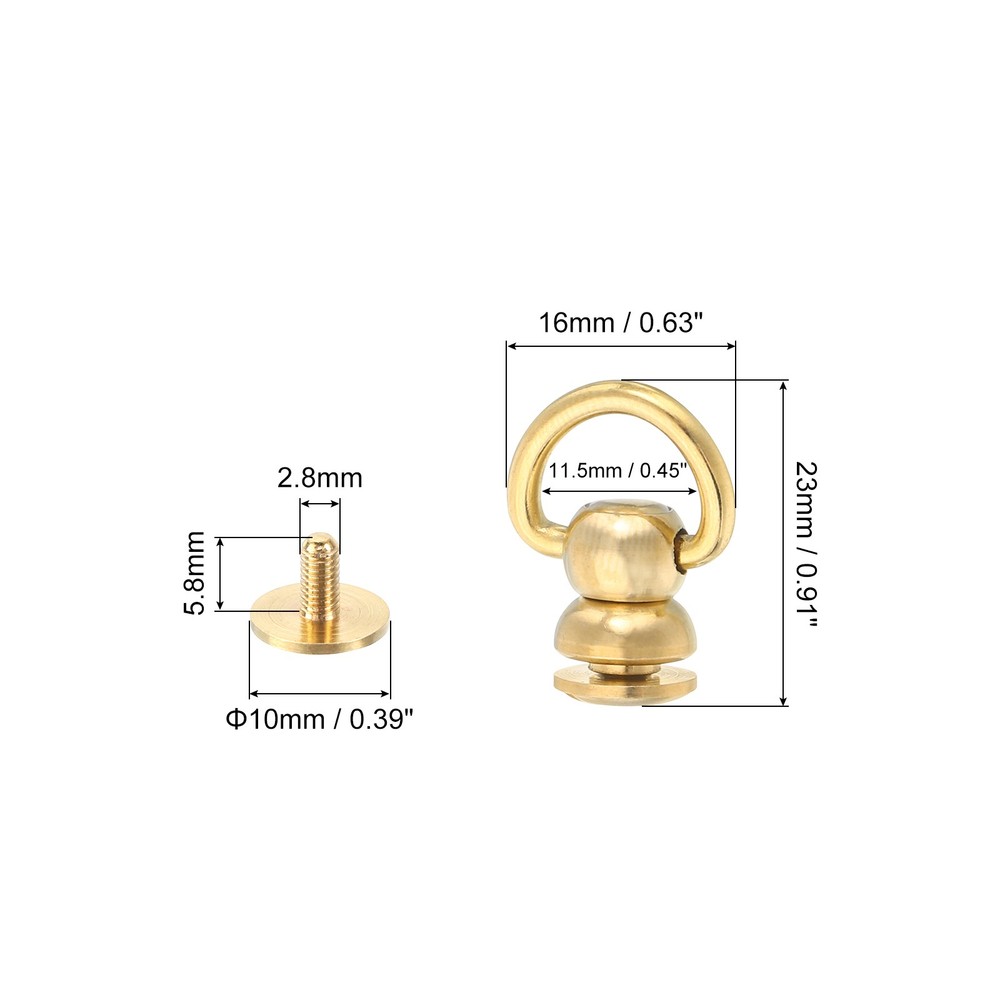 4Pcs 11.5mm Brass Ball Studs Rivets D Ring Button Ball Studs for Purse, Gold