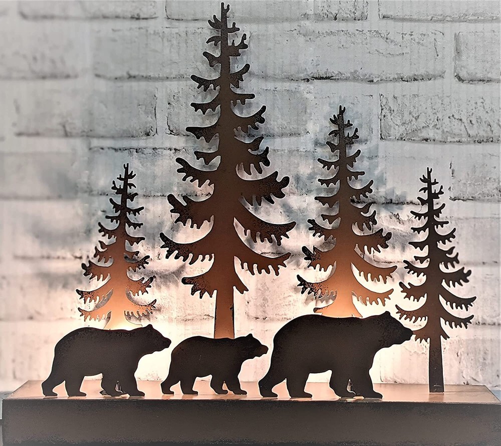 Rustic Brown Metal Bear Forest Silhouette Ambient Light NightStand Table Lamp