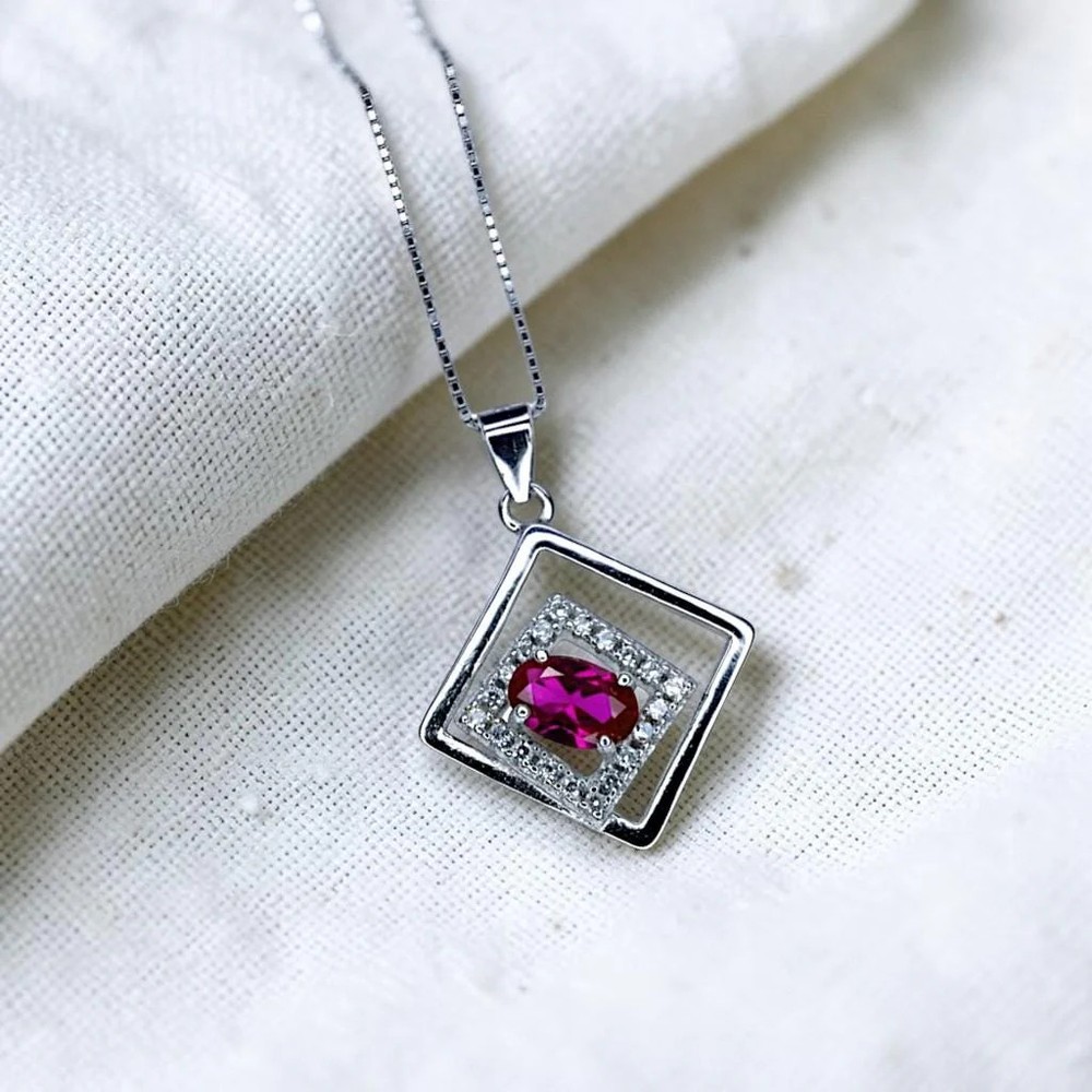 Geometric Ruby Necklace Sterling Silver Minimalist Double Square Tiny Ruby
