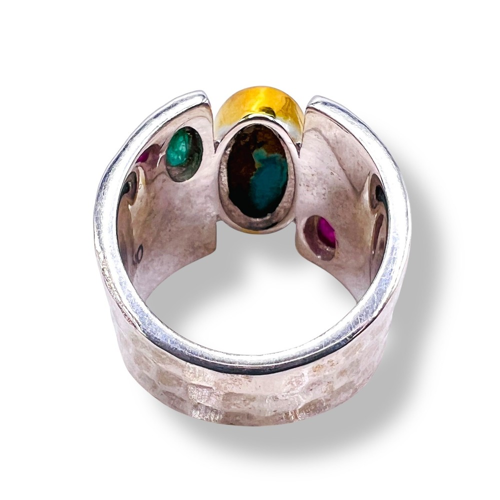 Two Tone Sterling Silver Blue Turquoise Emerald Ruby Ring Handmade -6500