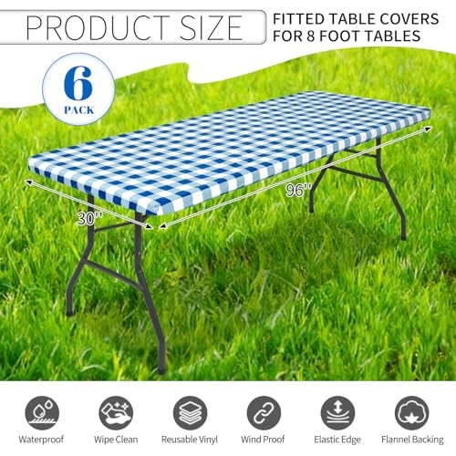 6 Pack Buffalo Rectangle Picnic Table Cloth, Elastic Fitted Vinyl Tablecloths,