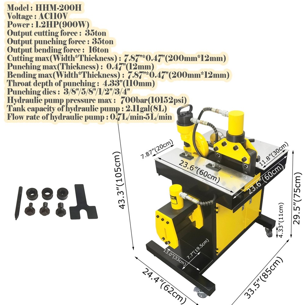 110V Hydraulic 3-in-1 Busbar Processing Machine Cutter/Bender/Hole Puncher