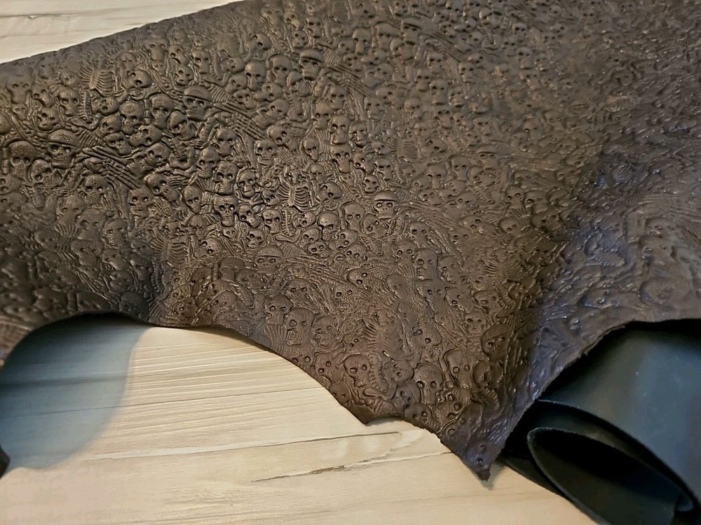 VEGETABLE TAN SKULL & BONES EMBOSSED BROWN LEATHER HIDE SOFT SHEET,PANEL,CUT