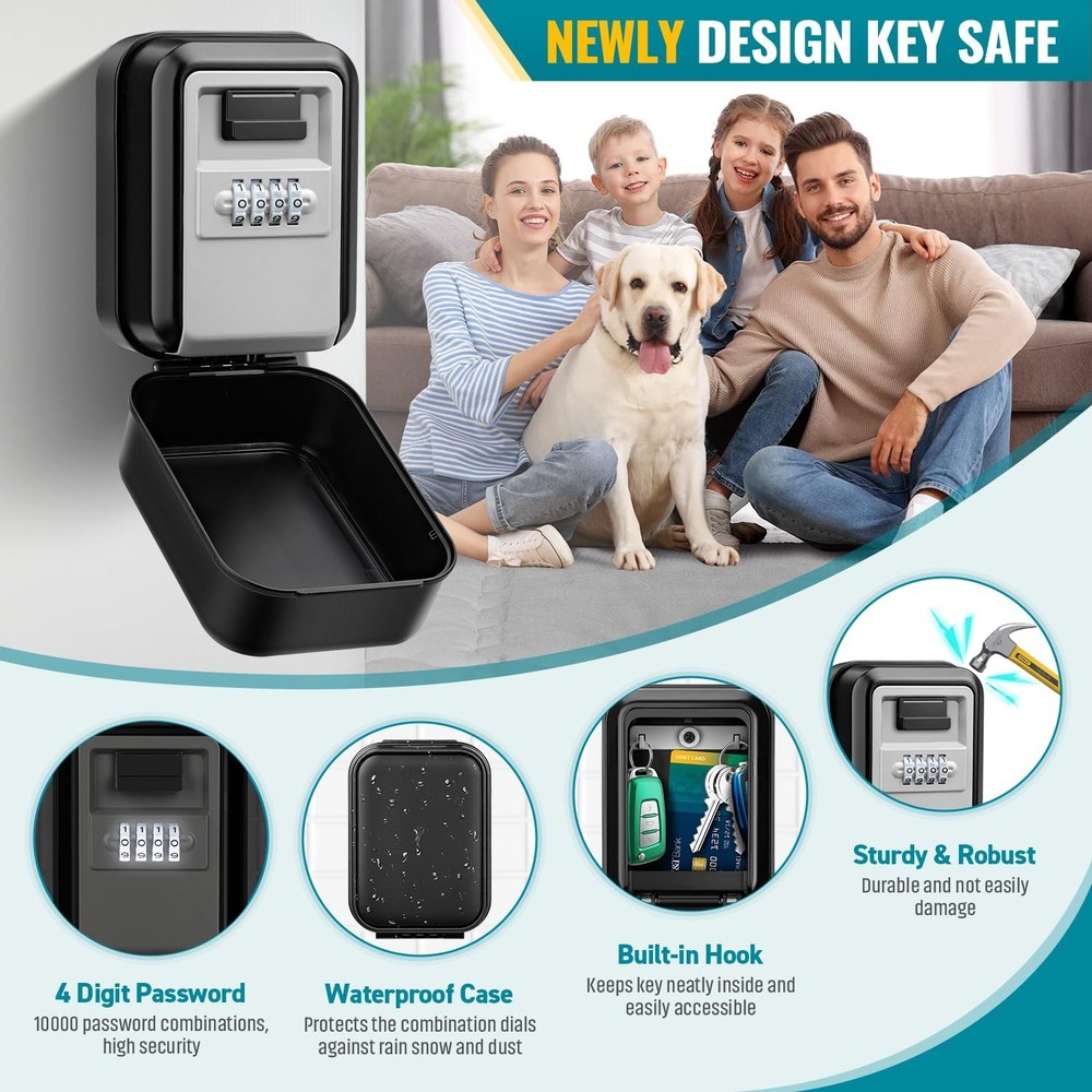 Key Lock Box Waterproof Wall Mount 4 Digit Combination Resettable Code Safe