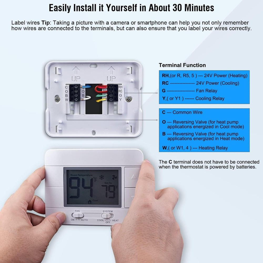 Upgraded Non-Programmable Digital Thermostat for Single Stage Systems - Blue LCD