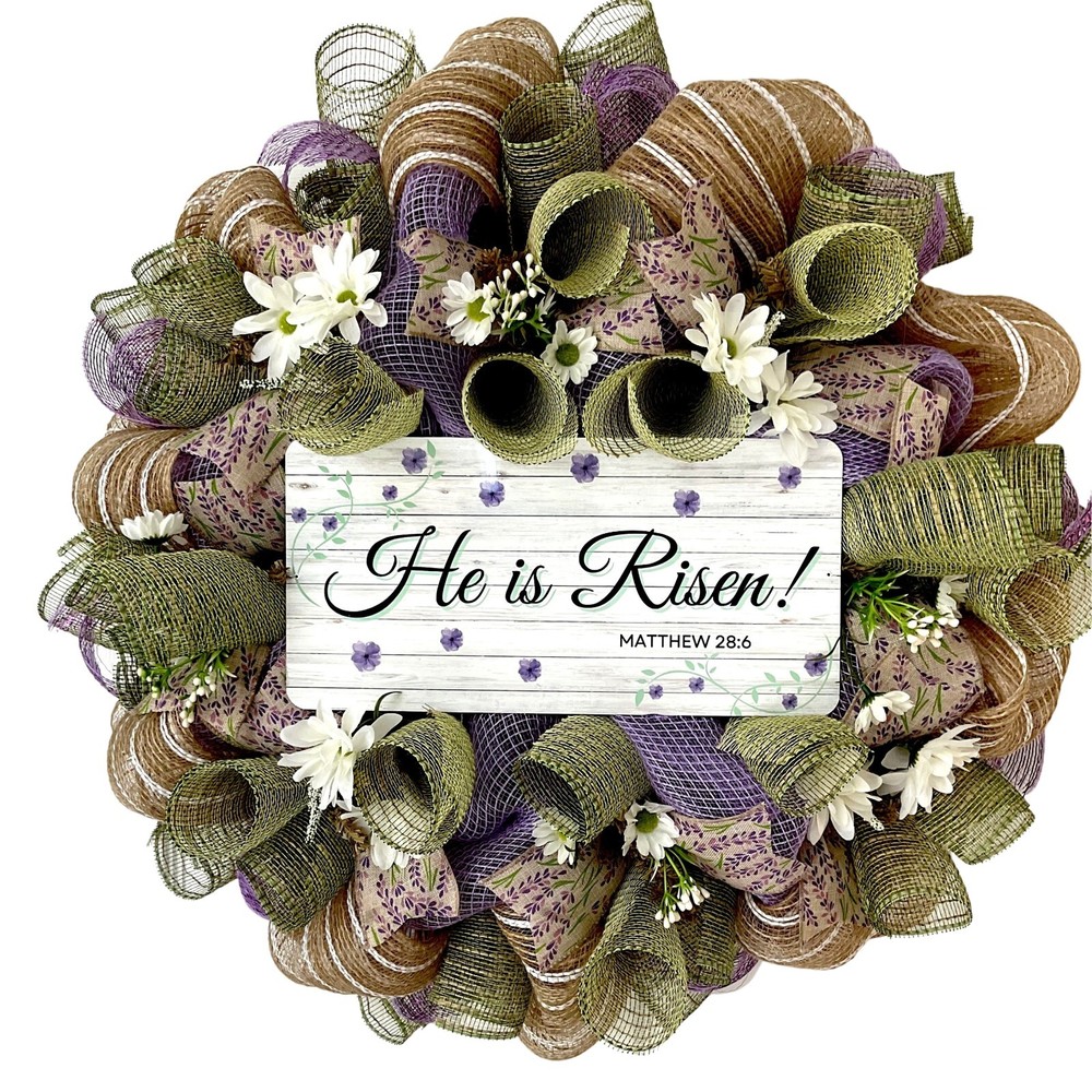 He is Risen Easter Floral Deco Mesh Wreath