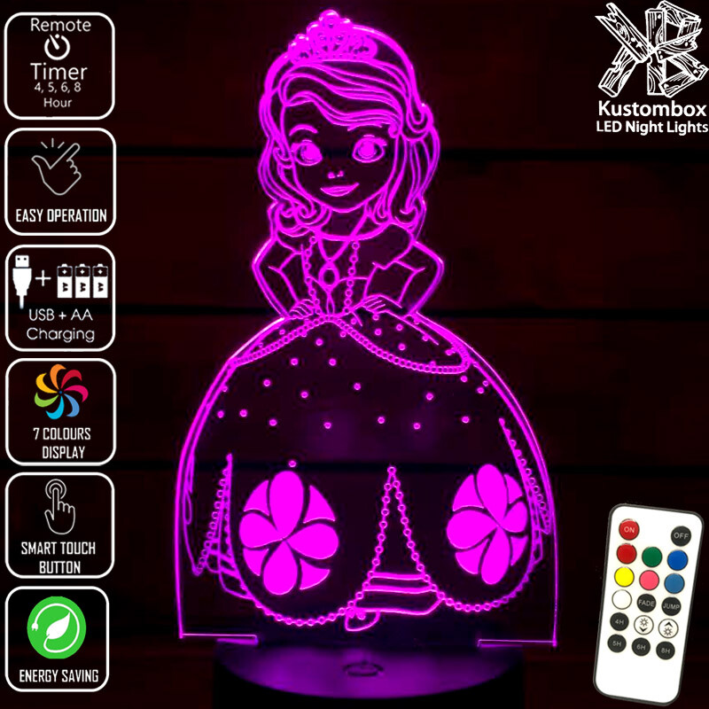 Princess Sofia The First 3D LED BATTERY & USB NIGHT LIGHT REMOTE 7 COLOUR LAMP