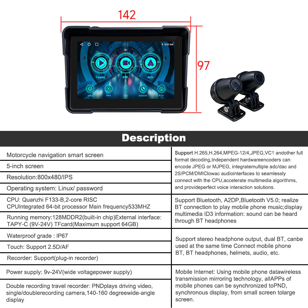 Motorcycle Navigator Buildin Carplay&Android Auto WaterProof 5Inch Linux System