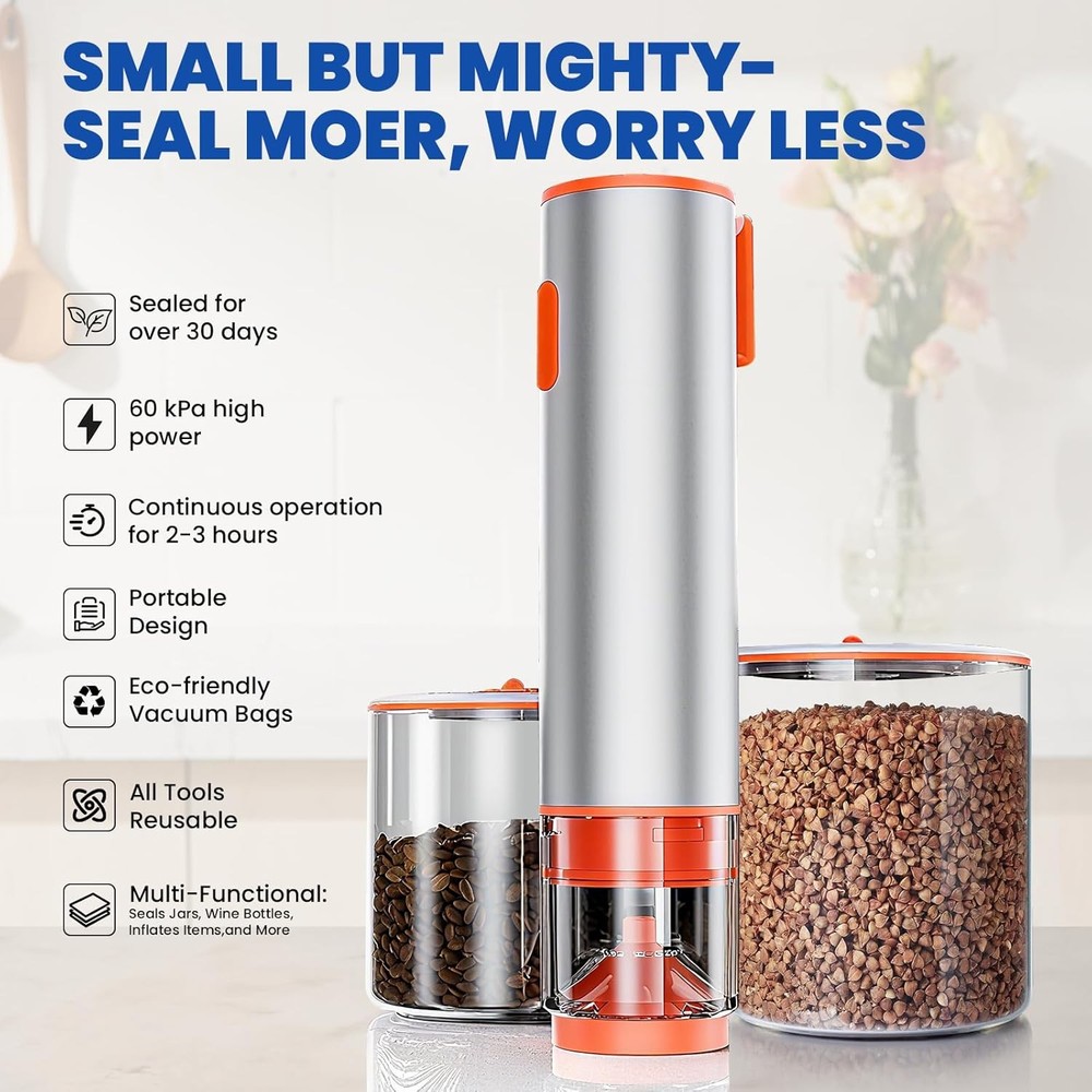Handheld Multi-Function Vacuum Sealer for Kitchen Use Includes 20 Bags & 4 Lids