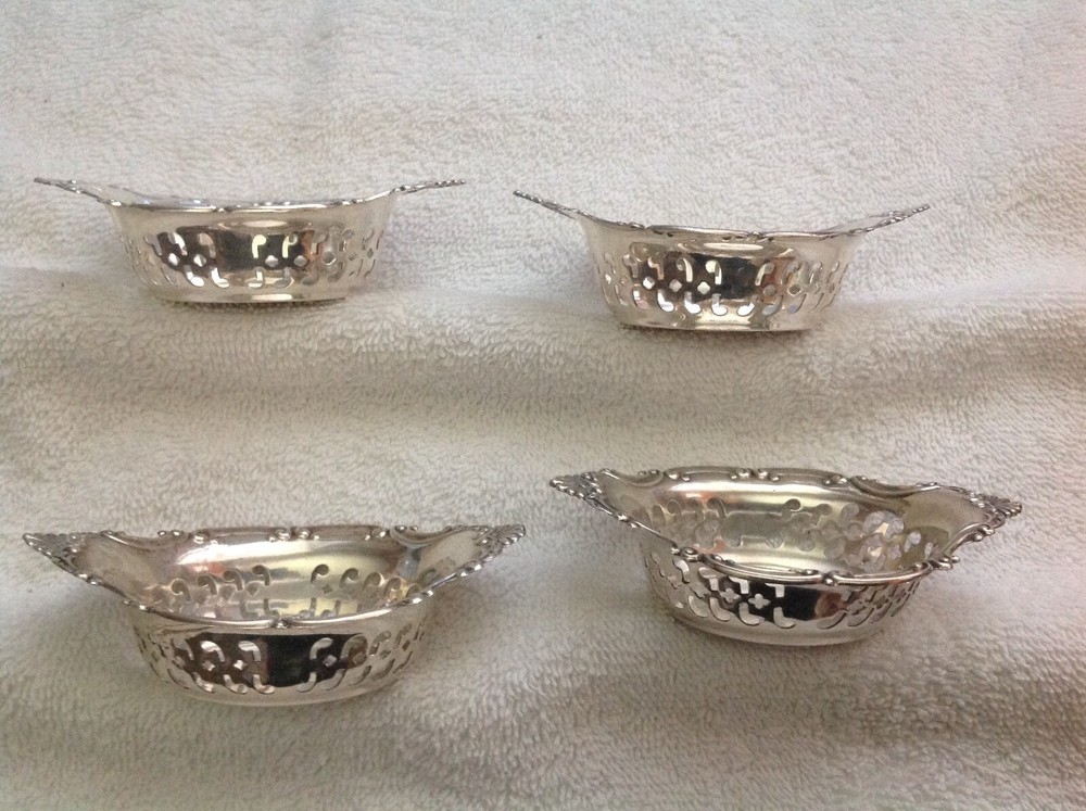4 GORHAM STERLING SILVER PIERCED NUT BOWL DISH, ONE MONOGRAMMED