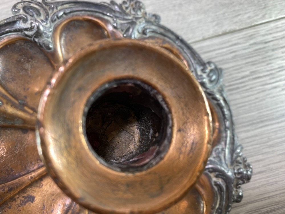 Antique Rococo Style Silver-Plated Chamberstick Candlestick, Copper Base, 15cm