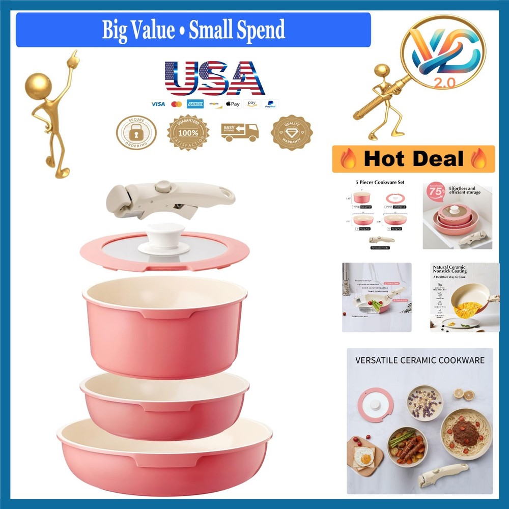 Pink Ceramic 5 Piece Cookware Set Non Stick Detachable Handle Oven Safe