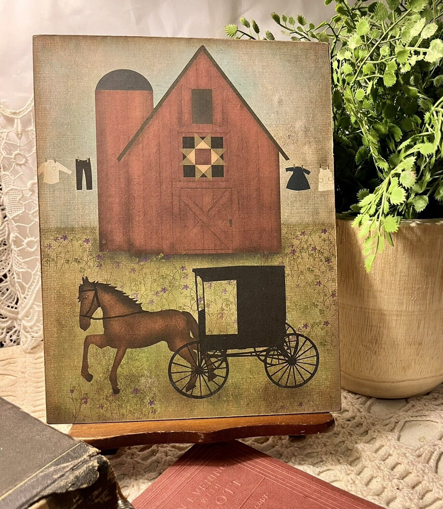 Primitive Folk Art Red Barn, Amish Buggy, Handcrafted Plaque / Sign