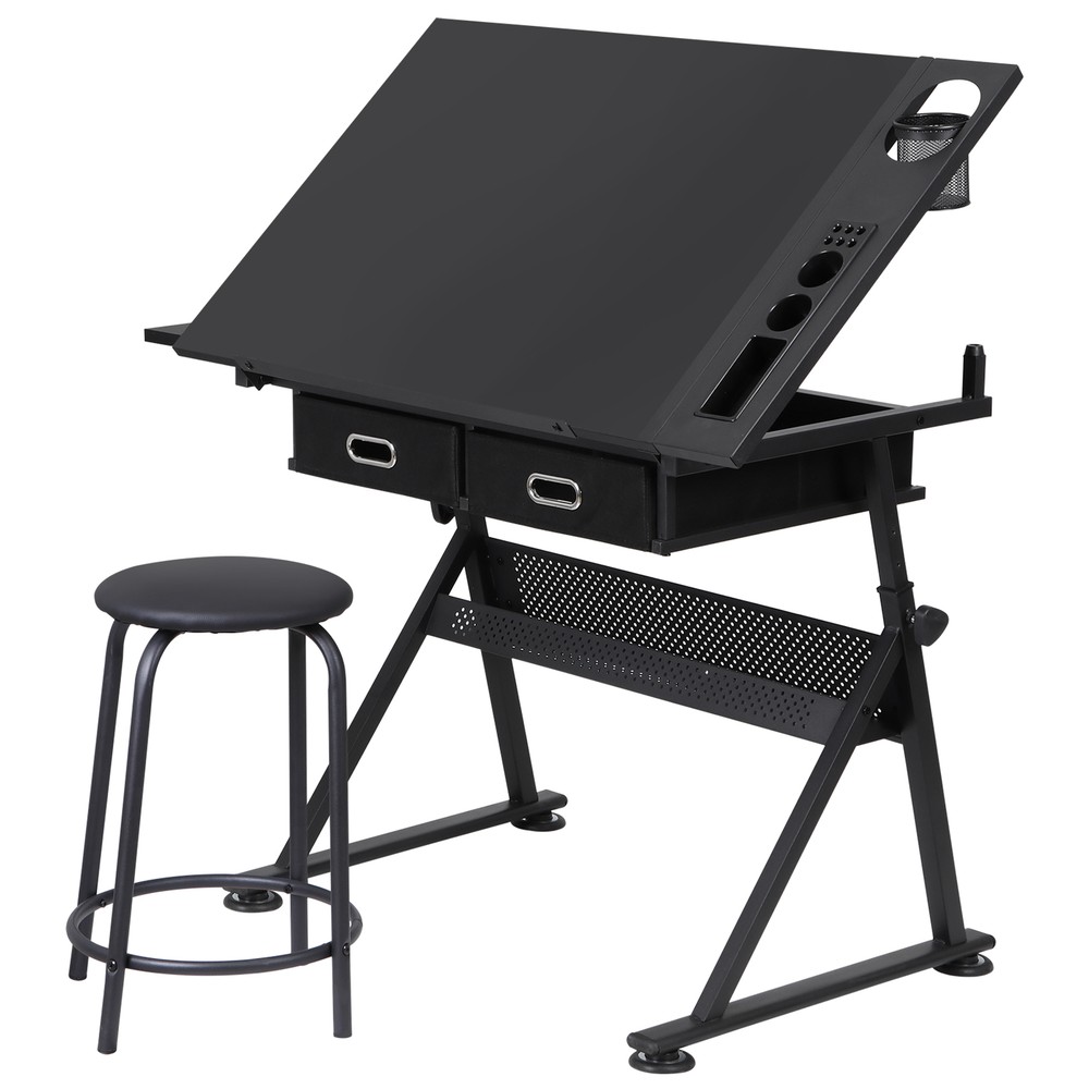 Drafting Table Drawing Desk Workstation Adjustable Tabletop w/Stool & 2 Drawers