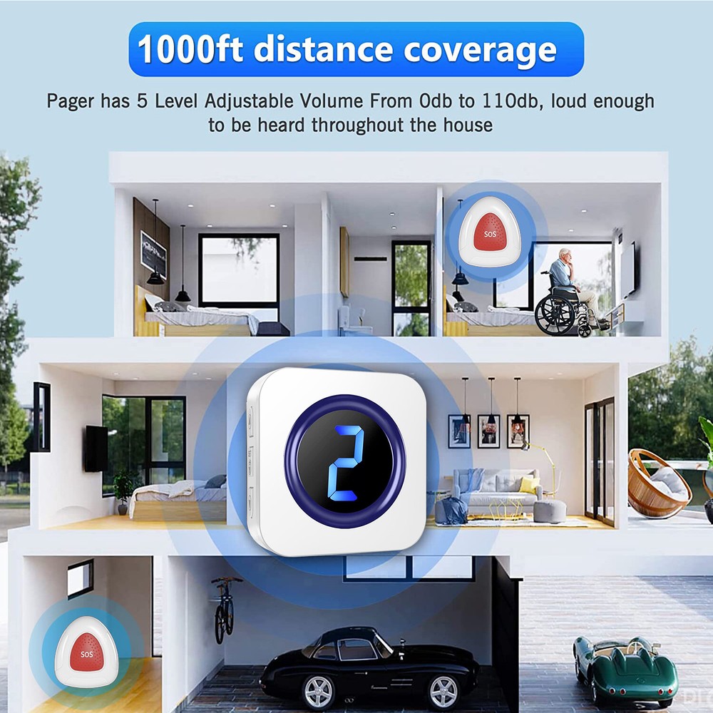 Caregiver Pager,1 transmitter calling 2 ringers,Wireless Call Button for Elderly