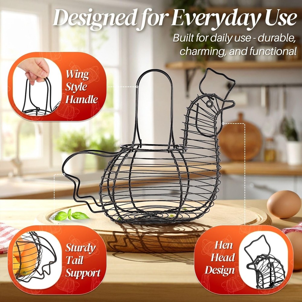 Chicken Egg Holder Black Rectangular Wire Basket with Handle for Eggs Fruits