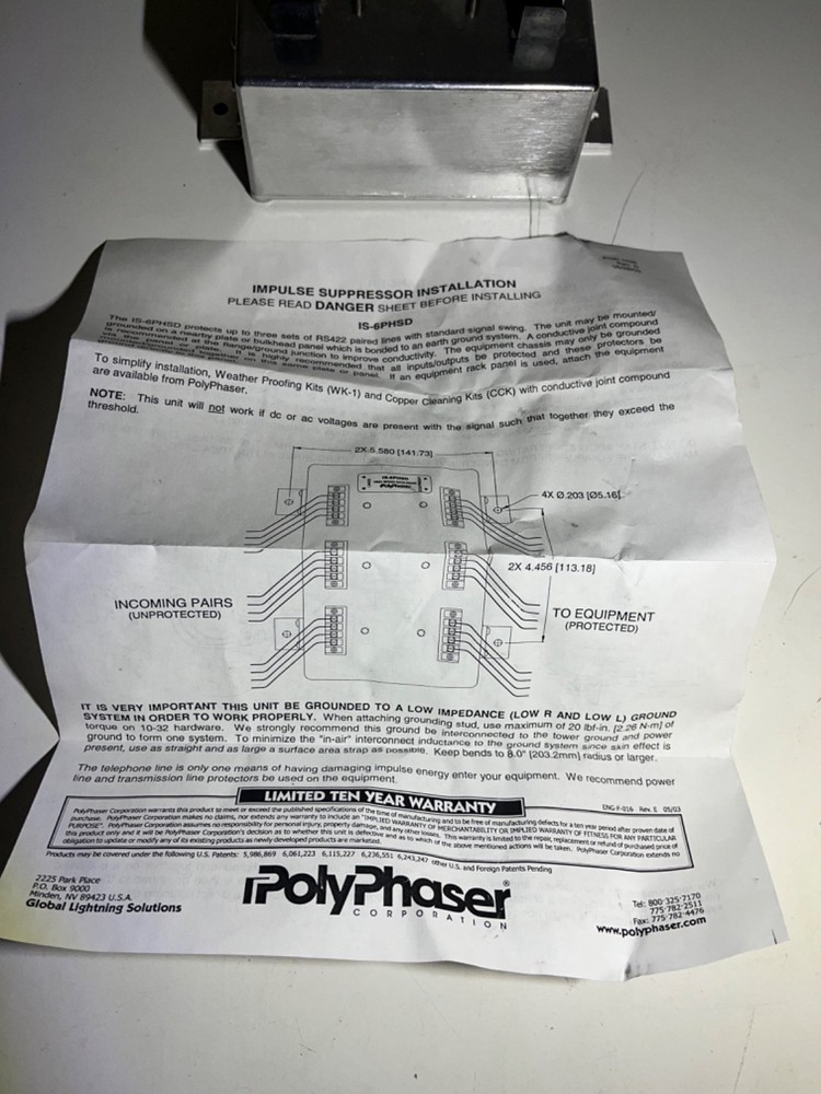 IS-6PHSD-POLYPHASER-HIGH SPEED NEW NEVER INSTALLED WITH INSTRUCTIONS HARDWARE