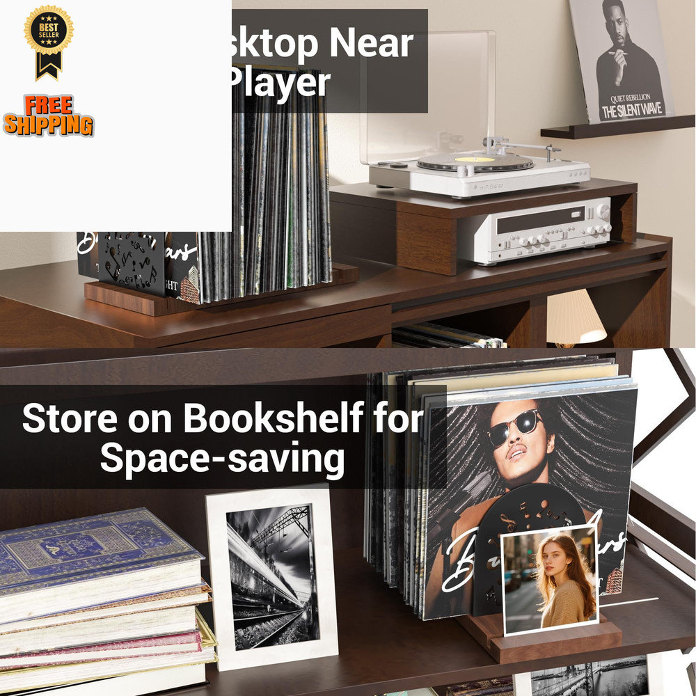 Vinyl Record Storage, Holder for 70-100 LP, Solid Pine Wood Brown