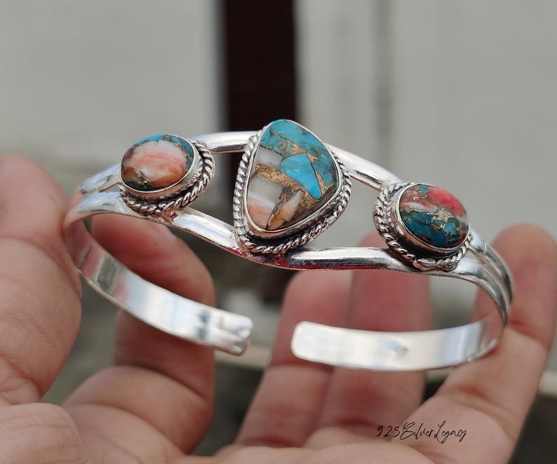 Oyster Copper Turquoise Solid 925 Sterling Silver Beautiful Cuff Bangle, M1690