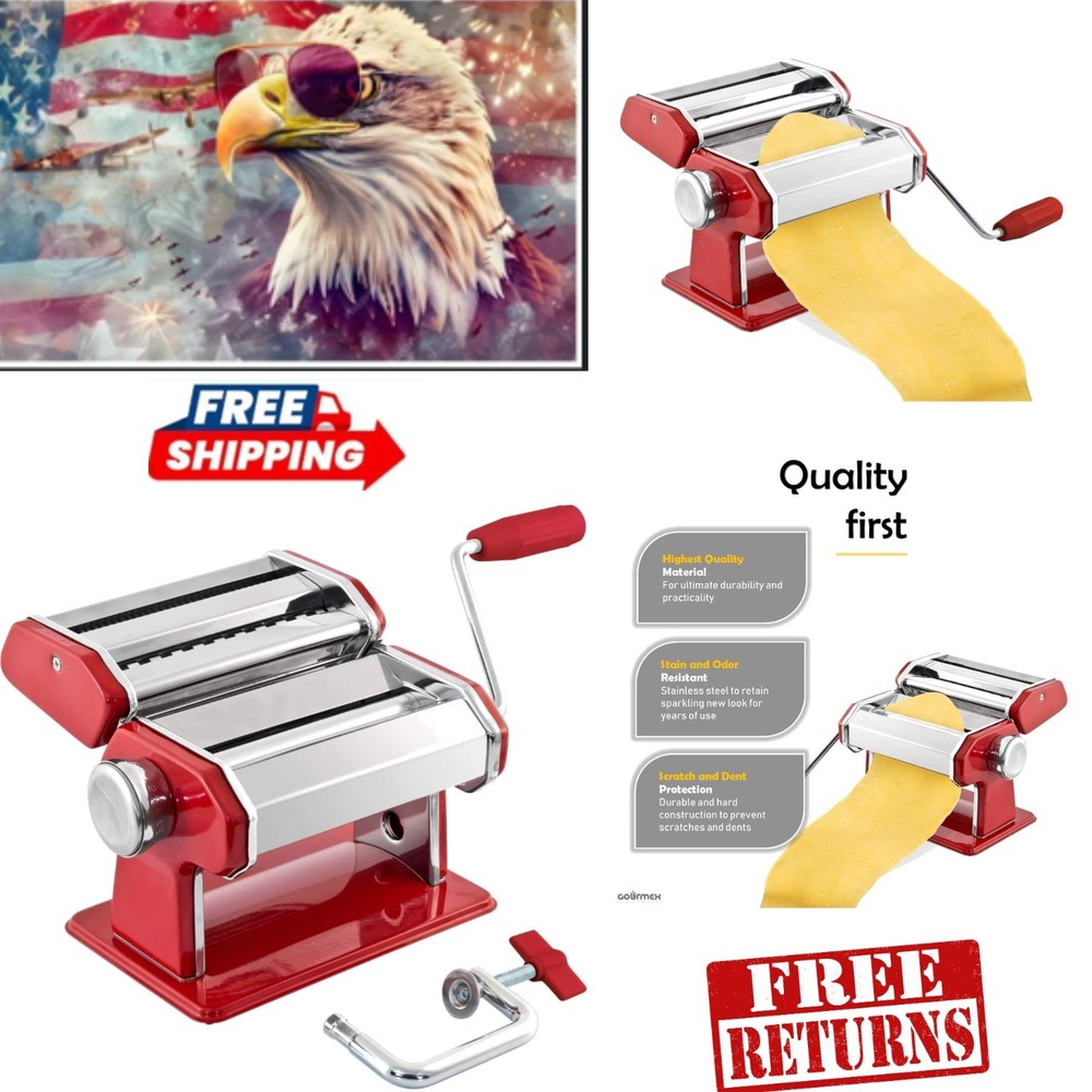 Professional-Grade Manual Pasta Maker with 7 Settings & Compact Storage, Red