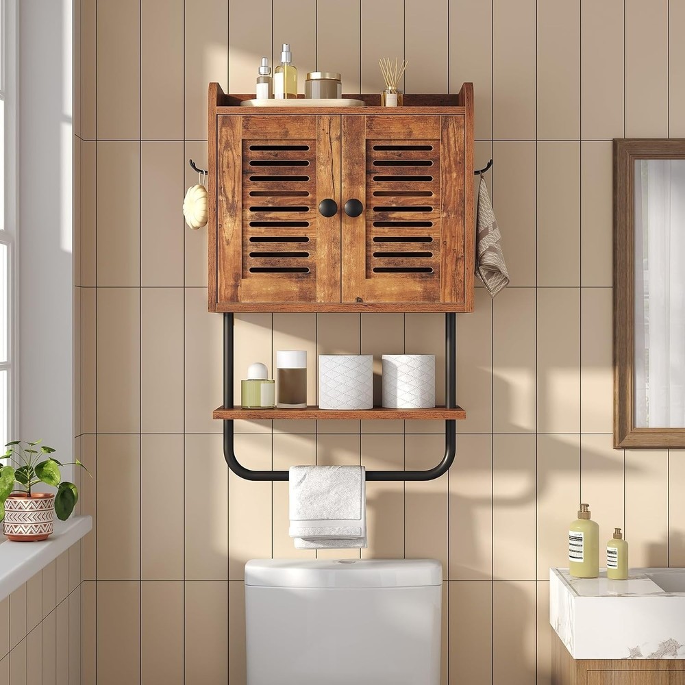 Bathroom Wall Cabinet, Double Doors Cabinet with Towel Bar, Rustic Brown