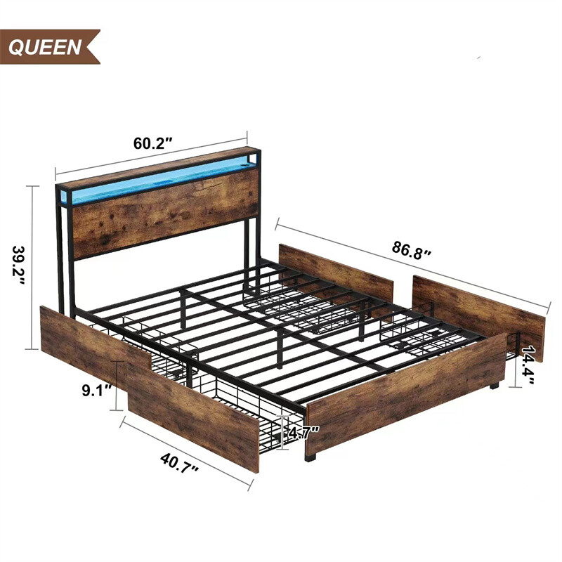 Queen Size Platform Bed Frame w/LED Headboard,Charging Station & 4 Large Drawers