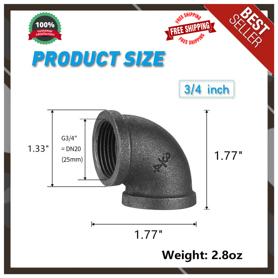 3/4" Pipe Fitting Elbow, 10 Pack DN20 Threaded Cast Black Malleable Iron for St