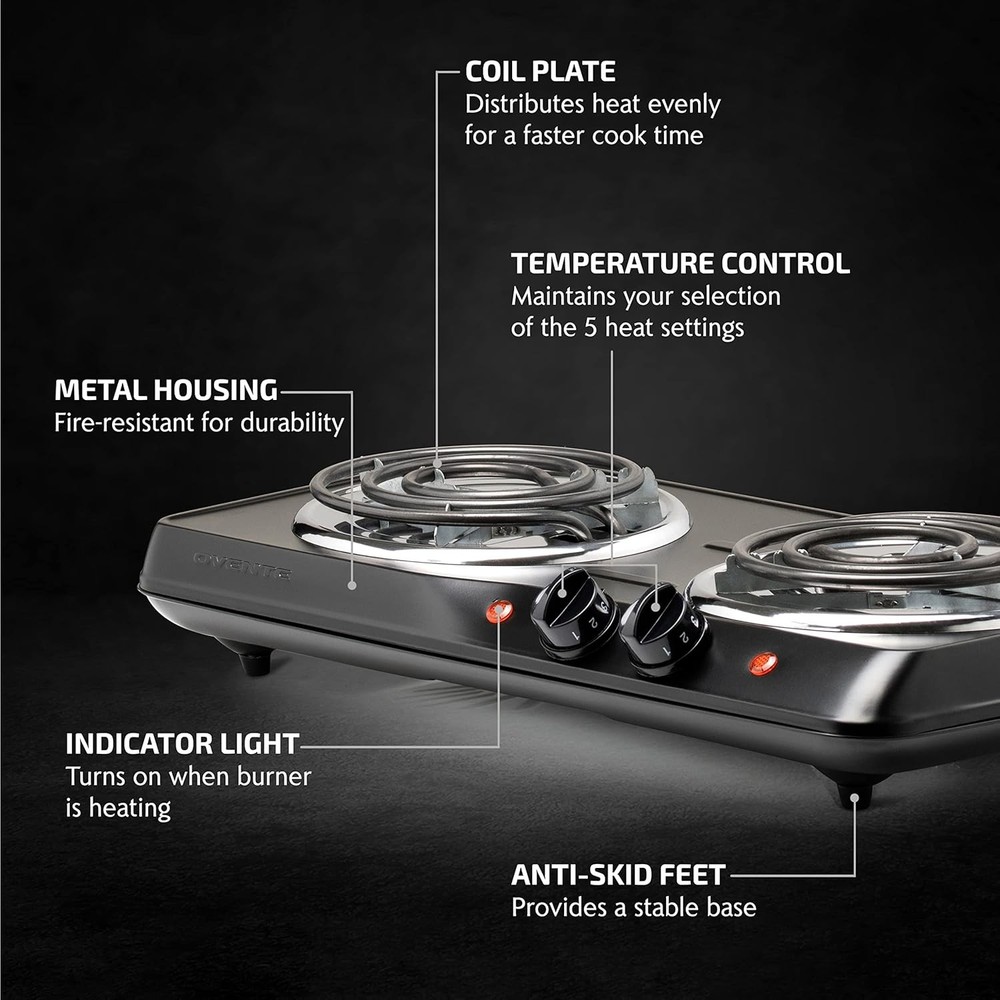 1700W Double Burner Stainless Steel Black