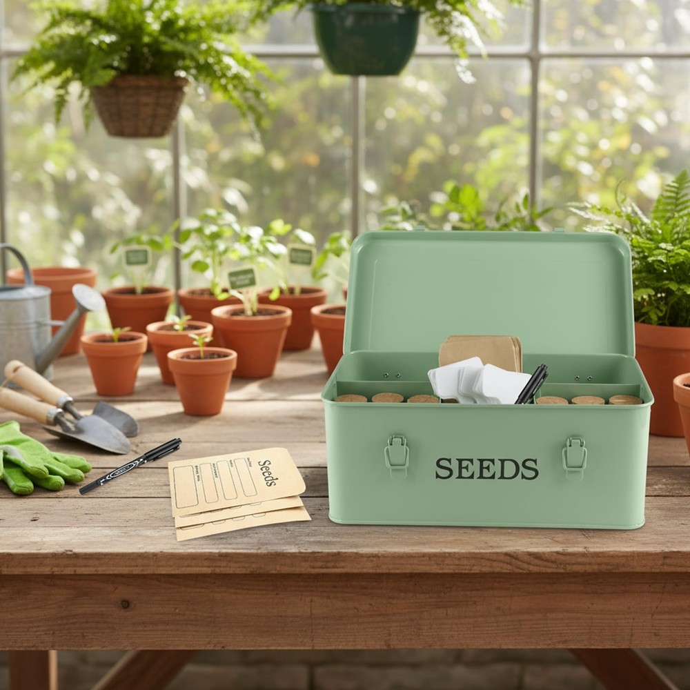 Seed Storage Organizer, 4 Compartment Metal Seed Saving Box with Lid and Safe...