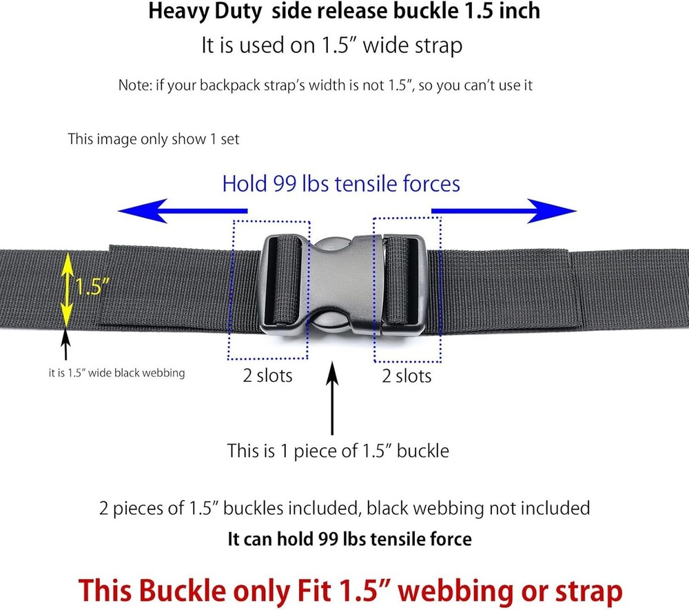 Quick Release 1.5 Inch Adjustable Buckles - Durable Plastic Strap Clips, 2 Pack